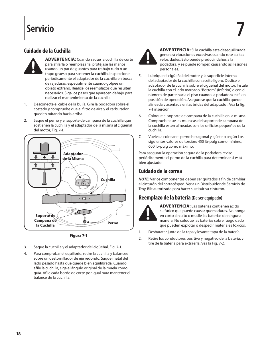 Servicio, Cuidado de la correa, Reemplazo de la batería | Cuidado de la cuchilla | Troy-Bilt TB260 User Manual | Page 44 / 52