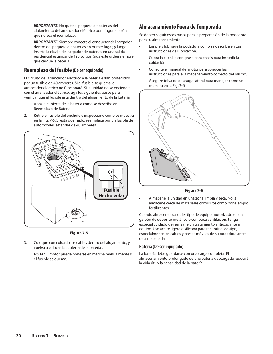 Reemplazo del fusible, Almacenamiento fuera de temporada, De ser equipado) | Batería (de ser equipado) | Troy-Bilt TB260 User Manual | Page 46 / 52