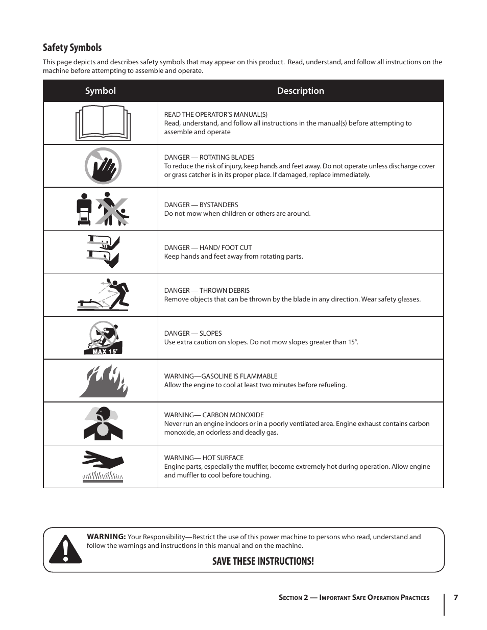 Save these instructions! safety symbols, Symbol description | Troy-Bilt TB260 User Manual | Page 7 / 52