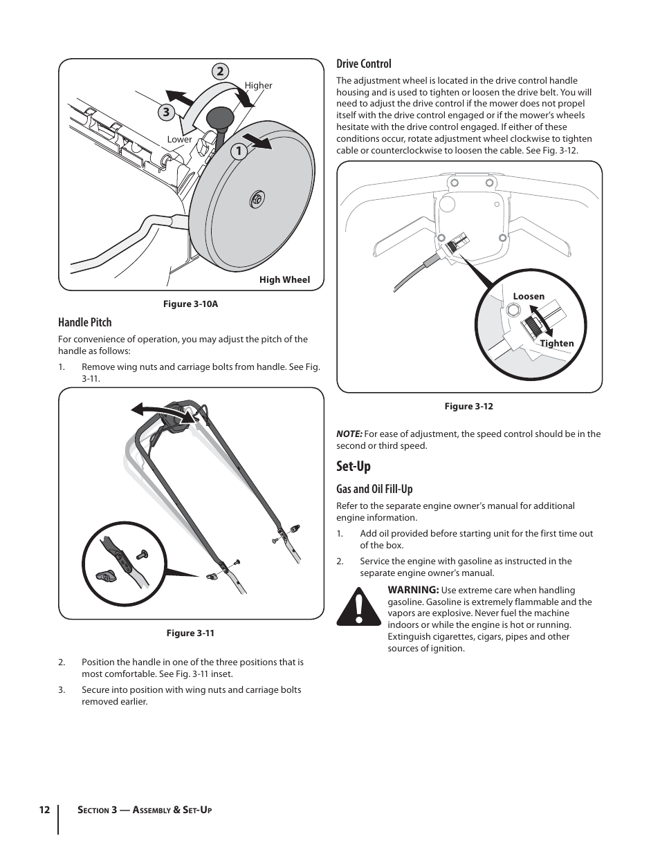 Set-up, Drive control, Gas and oil fill-up | Handle pitch | Troy-Bilt TB330 XP User Manual | Page 12 / 44