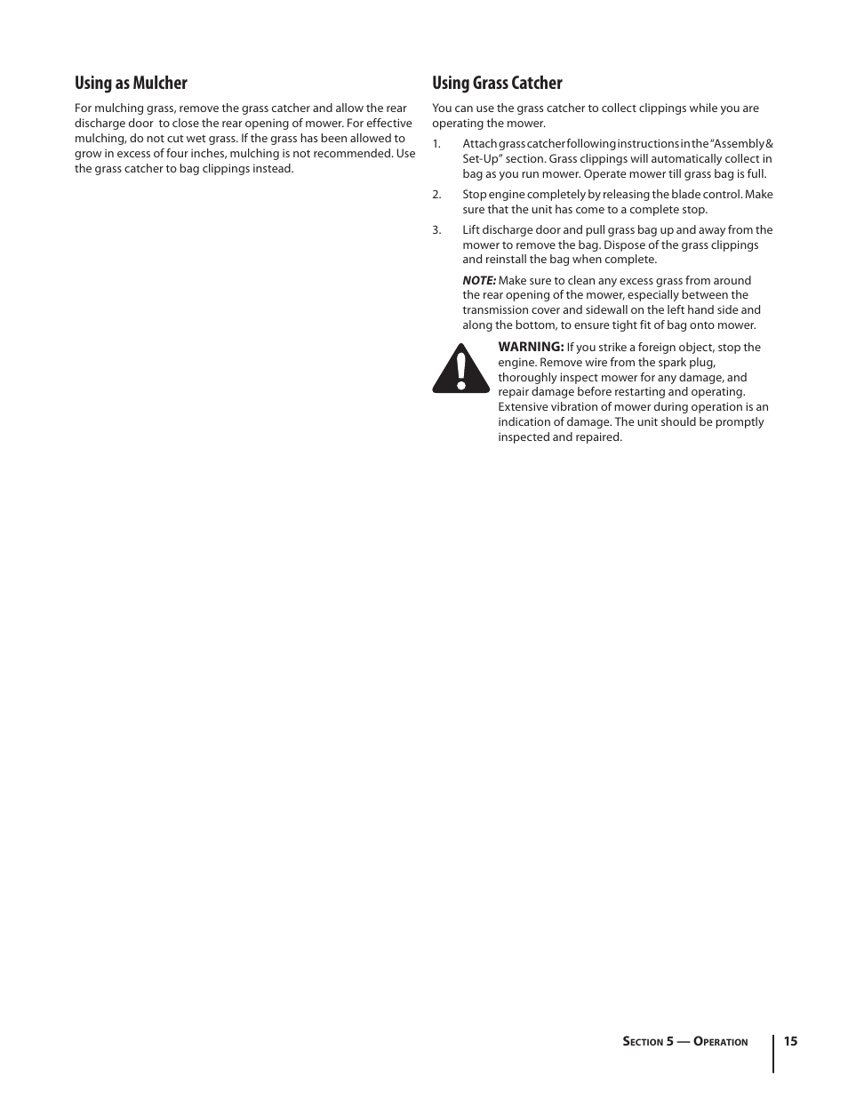 Using as mulcher, Using grass catcher | Troy-Bilt TB330 XP User Manual | Page 15 / 44