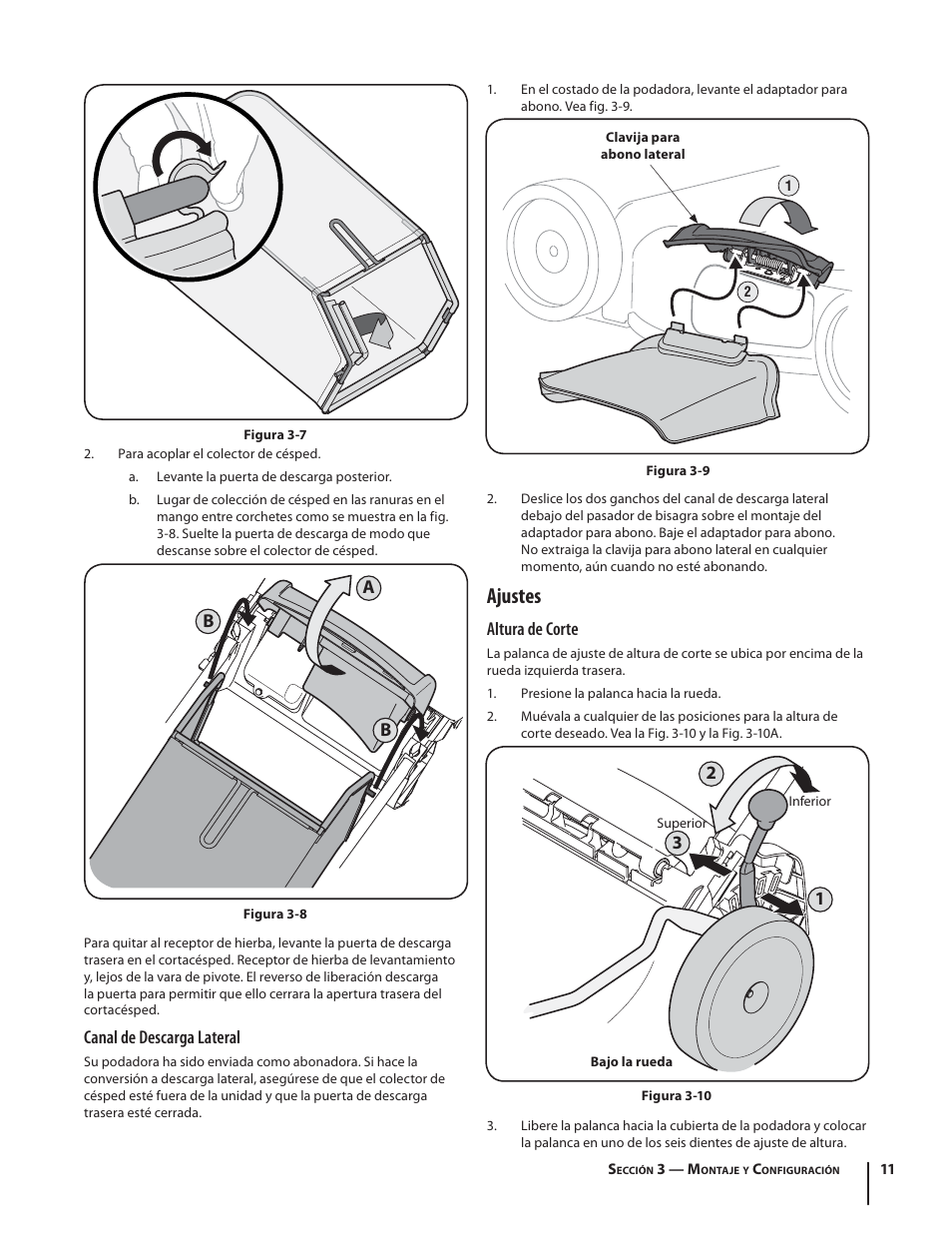 Ajustes, Altura de corte, Canal de descarga lateral | Ab b | Troy-Bilt TB330 XP User Manual | Page 33 / 44