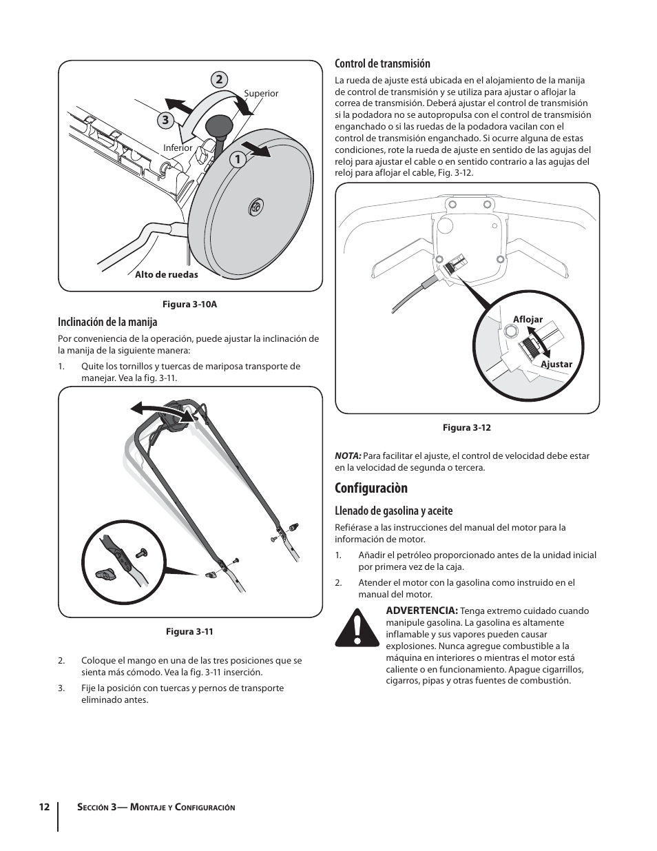 Configuraciòn, Control de transmisión, Llenado de gasolina y aceite | Inclinación de la manija | Troy-Bilt TB330 XP User Manual | Page 34 / 44