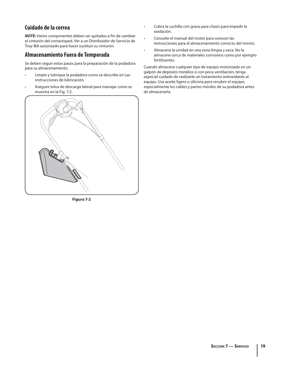 Cuidado de la correa, Almacenamiento fuera de temporada | Troy-Bilt TB330 XP User Manual | Page 41 / 44