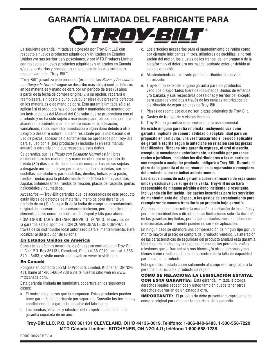 Garantía limitada del fabricante para | Troy-Bilt TB330 XP User Manual | Page 44 / 44