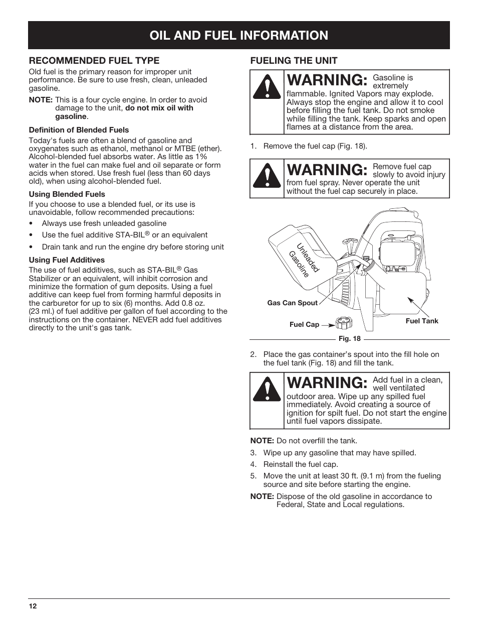 Warning, Oil and fuel information | Troy-Bilt TB490BC User Manual | Page 12 / 88