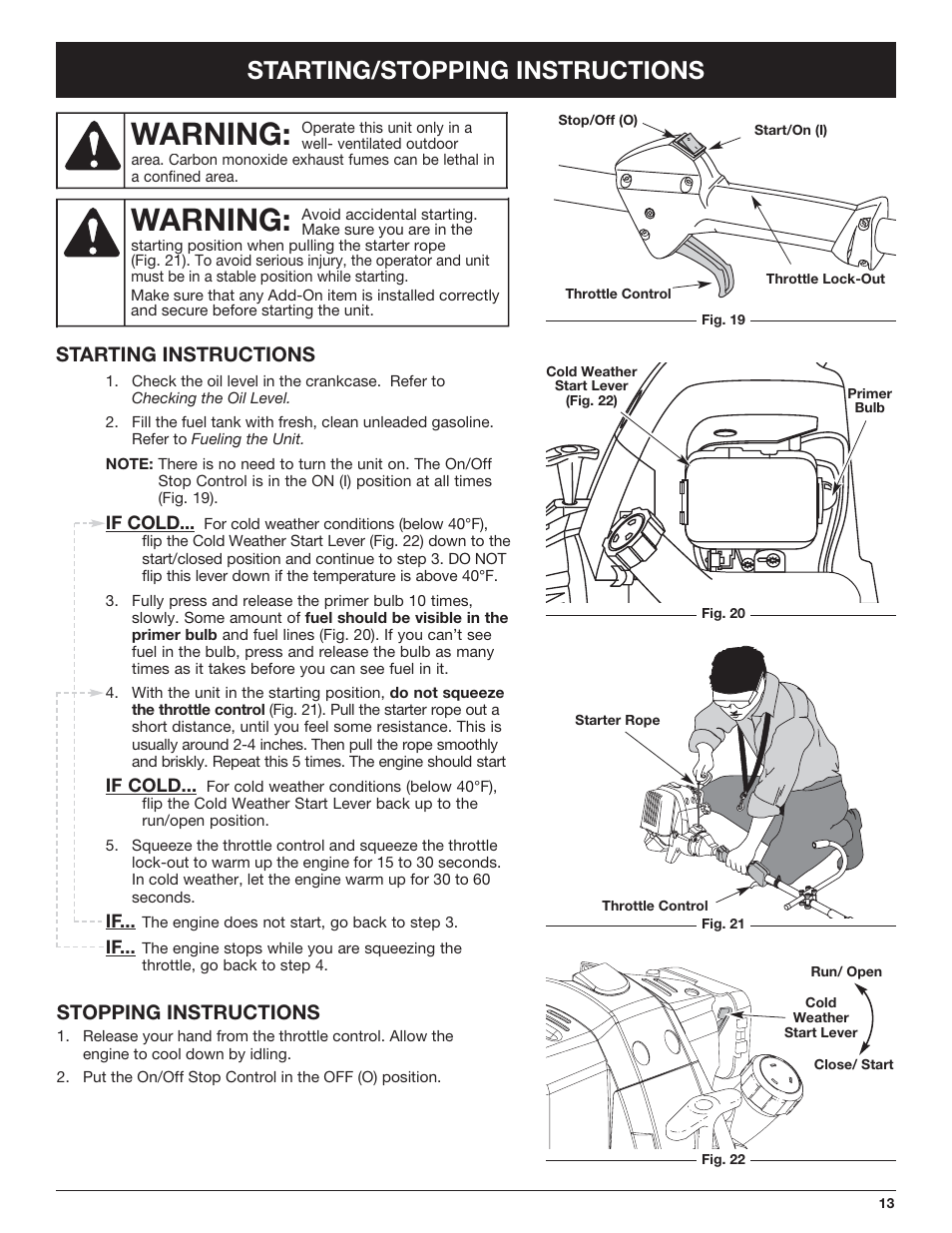 Warning, Starting/stopping instructions, Starting instructions stopping instructions | Troy-Bilt TB490BC User Manual | Page 13 / 88