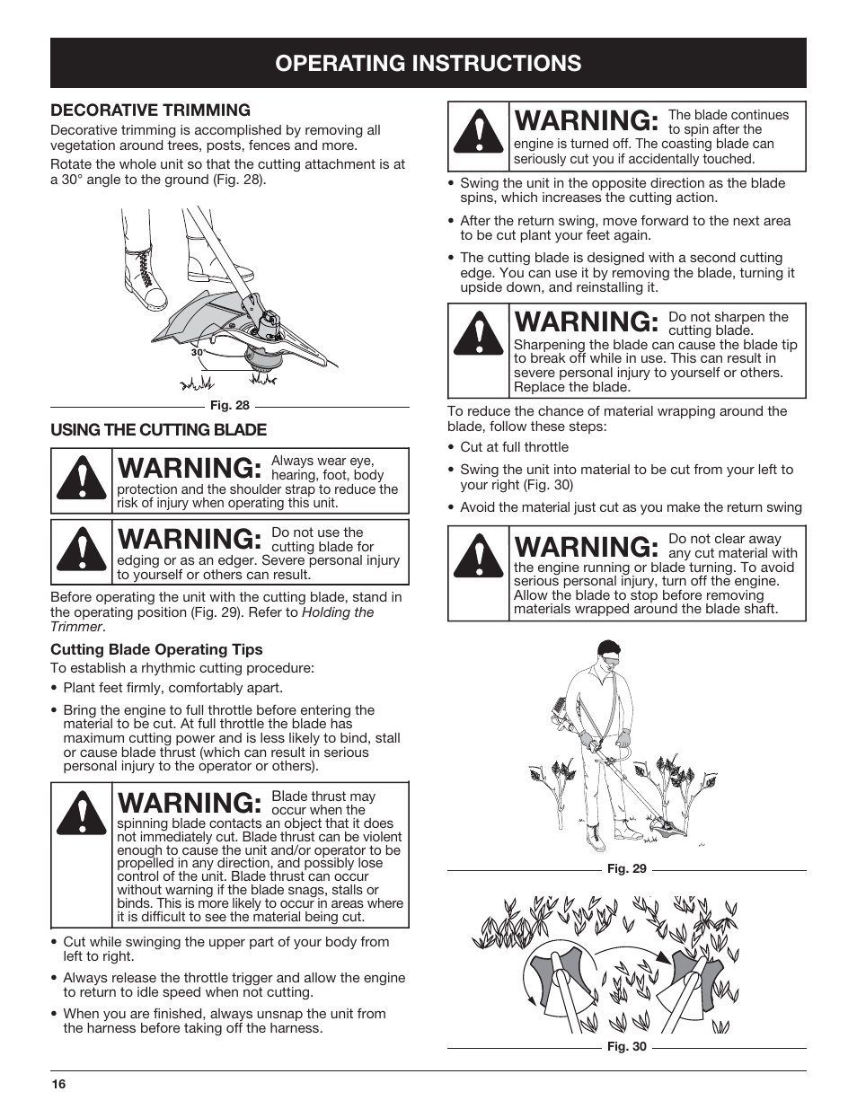 Warning, Operating instructions | Troy-Bilt TB490BC User Manual | Page 16 / 88