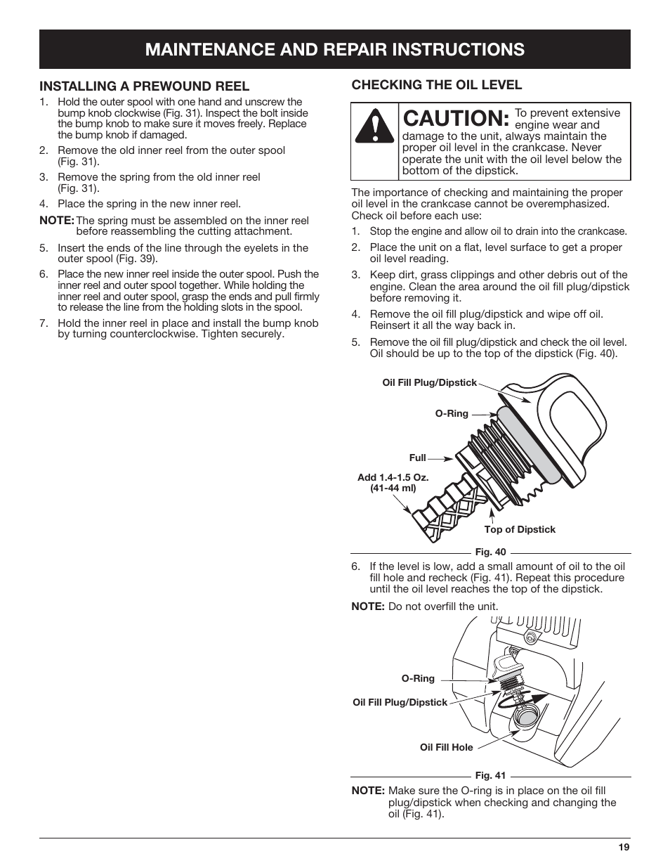 Caution, Maintenance and repair instructions | Troy-Bilt TB490BC User Manual | Page 19 / 88