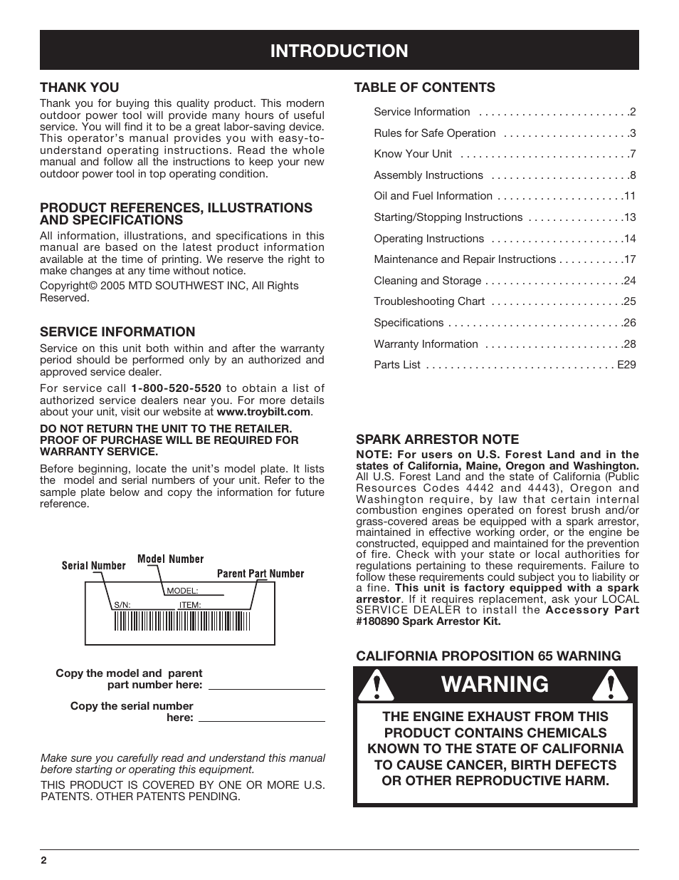 Warning, Introduction | Troy-Bilt TB490BC User Manual | Page 2 / 88