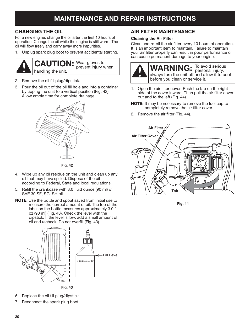 Caution, Warning, Maintenance and repair instructions | Troy-Bilt TB490BC User Manual | Page 20 / 88