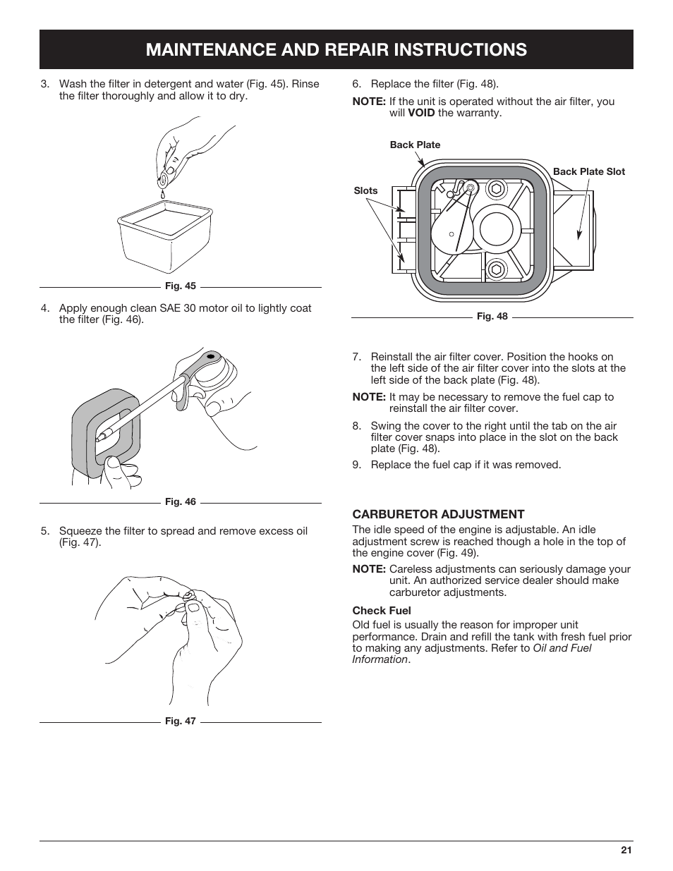 Maintenance and repair instructions | Troy-Bilt TB490BC User Manual | Page 21 / 88