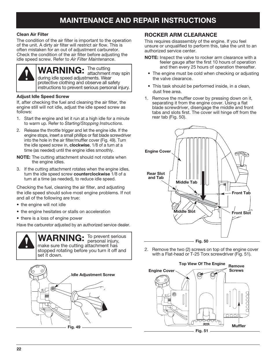 Warning, Maintenance and repair instructions | Troy-Bilt TB490BC User Manual | Page 22 / 88