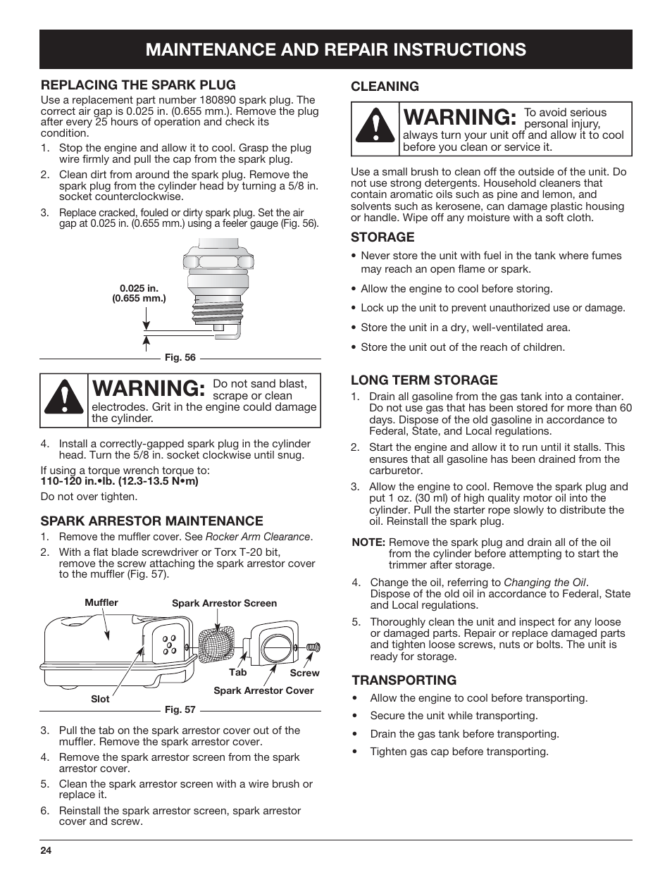 Warning, Maintenance and repair instructions | Troy-Bilt TB490BC User Manual | Page 24 / 88