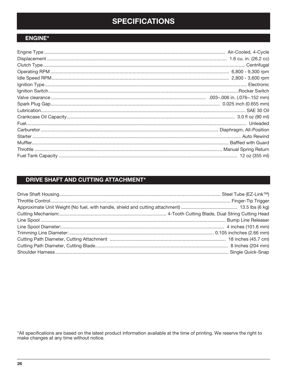 Specifications | Troy-Bilt TB490BC User Manual | Page 26 / 88