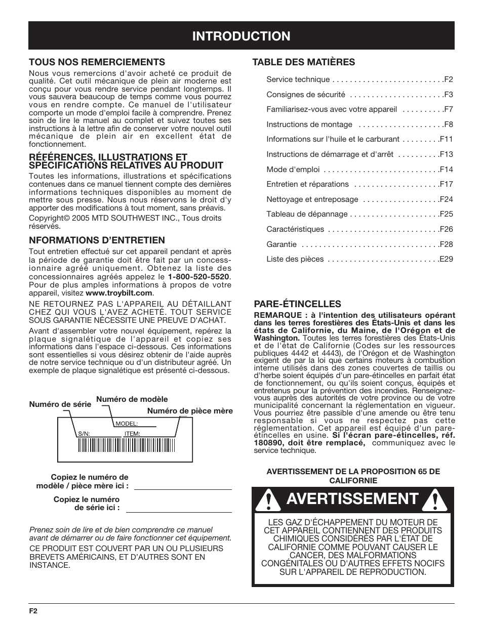 Avertissement, Introduction | Troy-Bilt TB490BC User Manual | Page 30 / 88