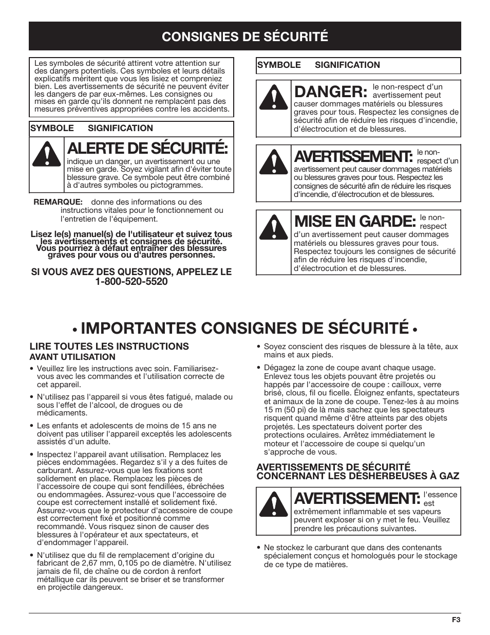 Avertissement, Danger, Mise en garde | Alerte de sécurité, Importantes consignes de sécurité, Consignes de sécurité | Troy-Bilt TB490BC User Manual | Page 31 / 88