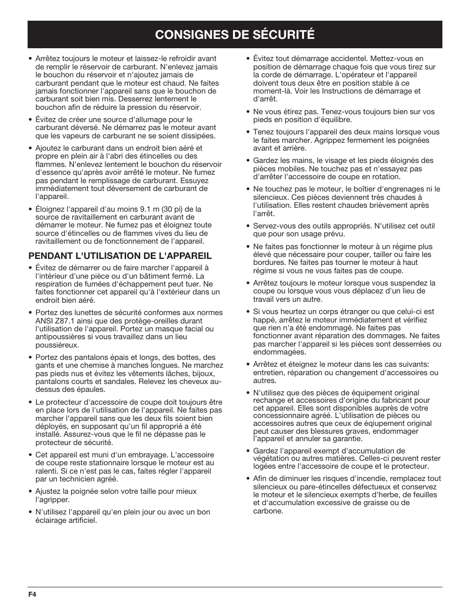 Consignes de sécurité | Troy-Bilt TB490BC User Manual | Page 32 / 88