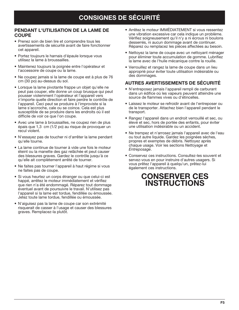 Conserver ces instructions, Consignes de sécurité | Troy-Bilt TB490BC User Manual | Page 33 / 88