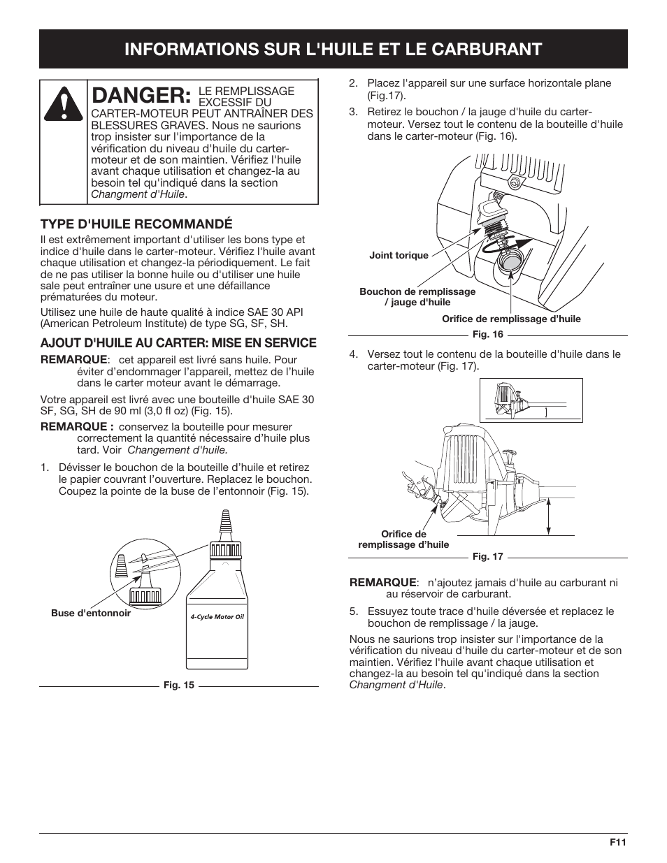 Danger, Informations sur l'huile et le carburant | Troy-Bilt TB490BC User Manual | Page 39 / 88