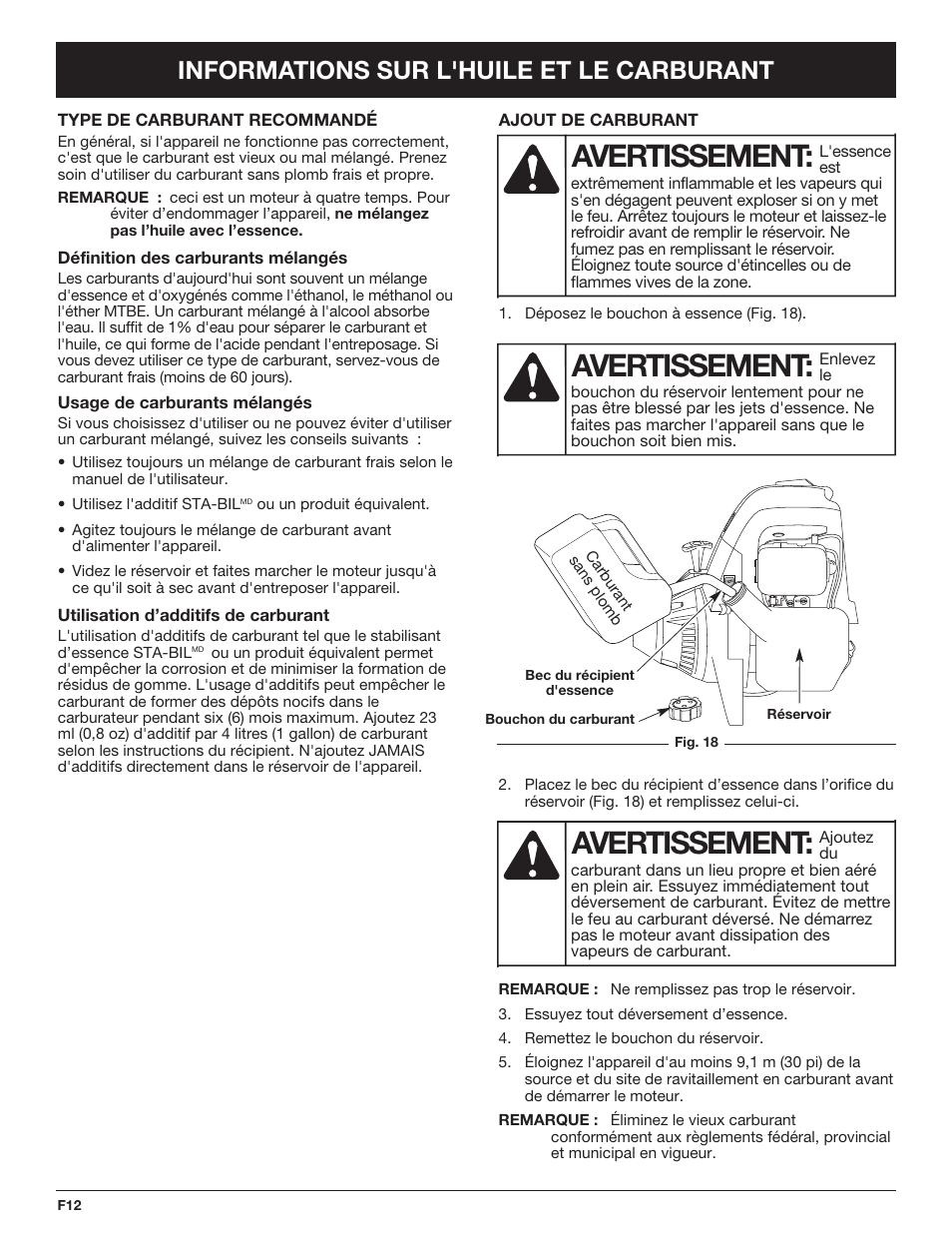 Avertissement, Informations sur l'huile et le carburant | Troy-Bilt TB490BC User Manual | Page 40 / 88