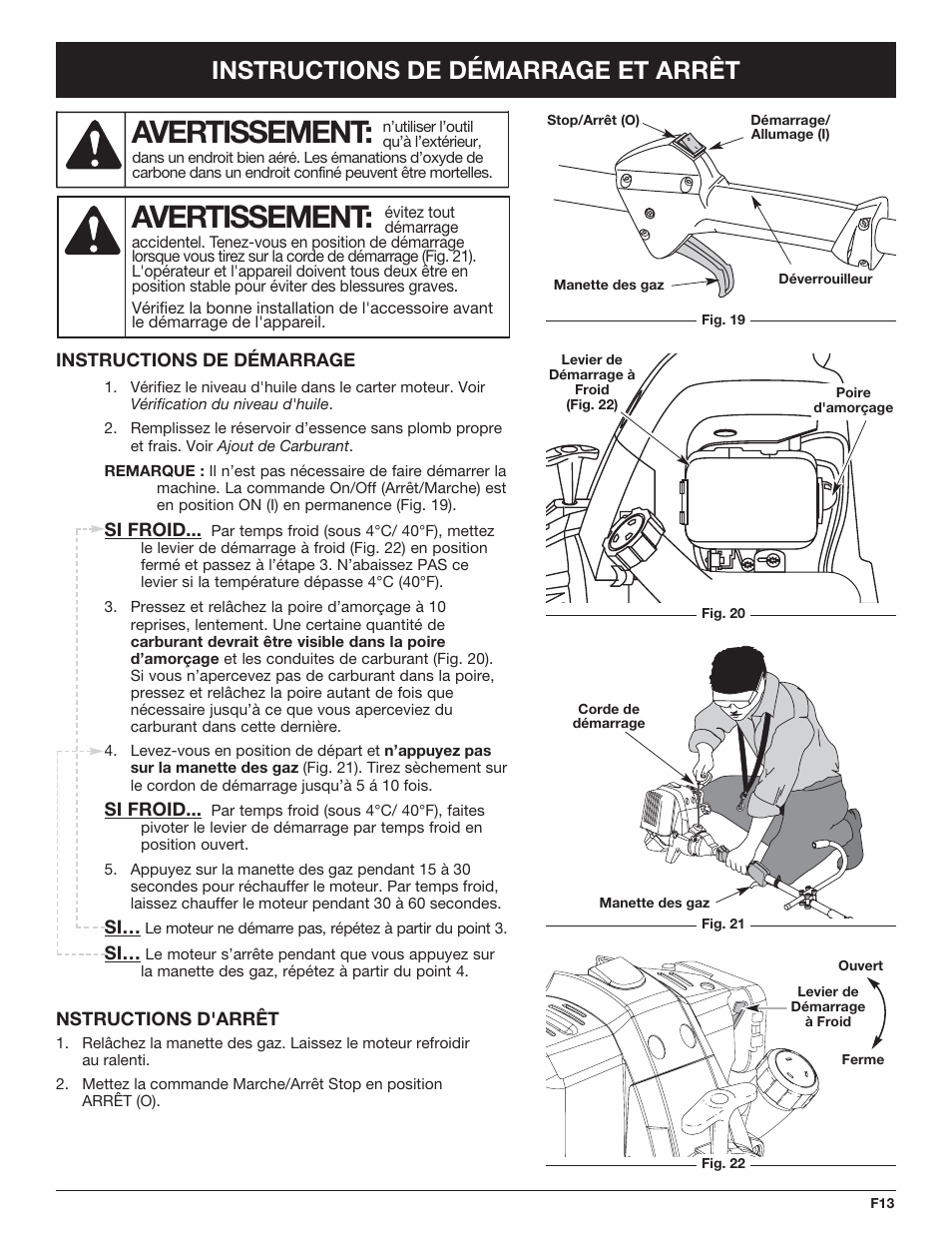 Avertissement, Instructions de démarrage et arrêt | Troy-Bilt TB490BC User Manual | Page 41 / 88