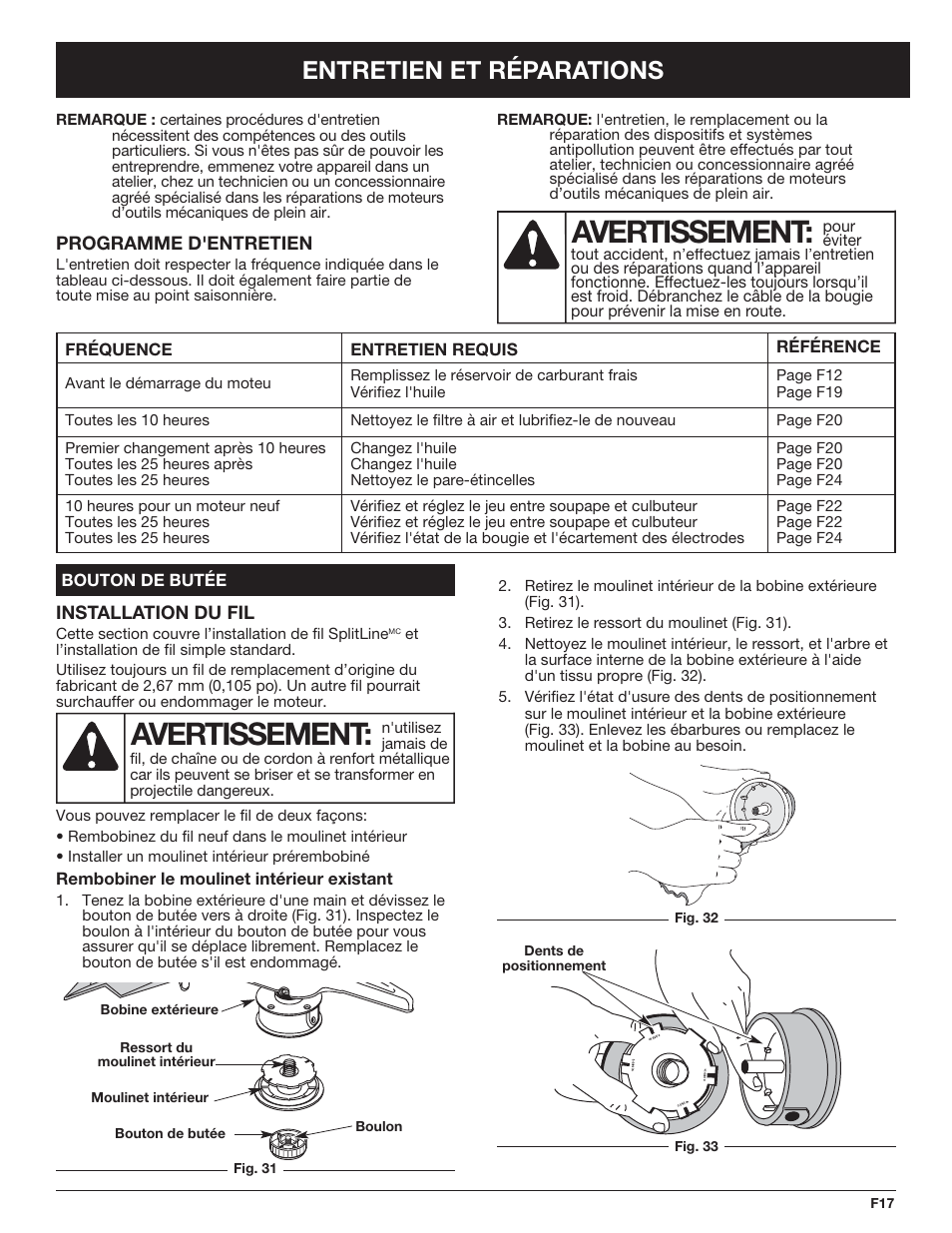 Avertissement, Entretien et réparations | Troy-Bilt TB490BC User Manual | Page 45 / 88