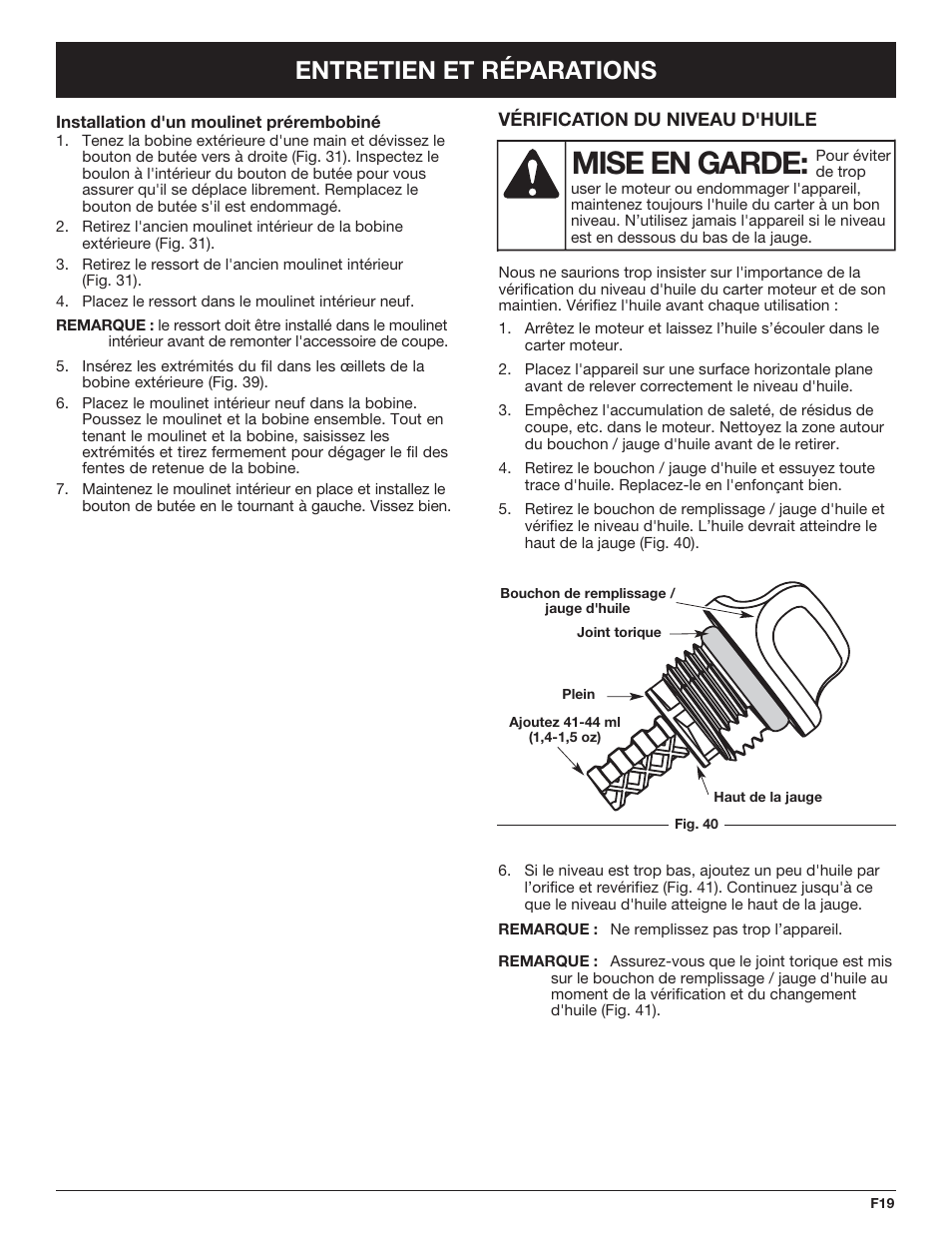 Mise en garde, Entretien et réparations | Troy-Bilt TB490BC User Manual | Page 47 / 88