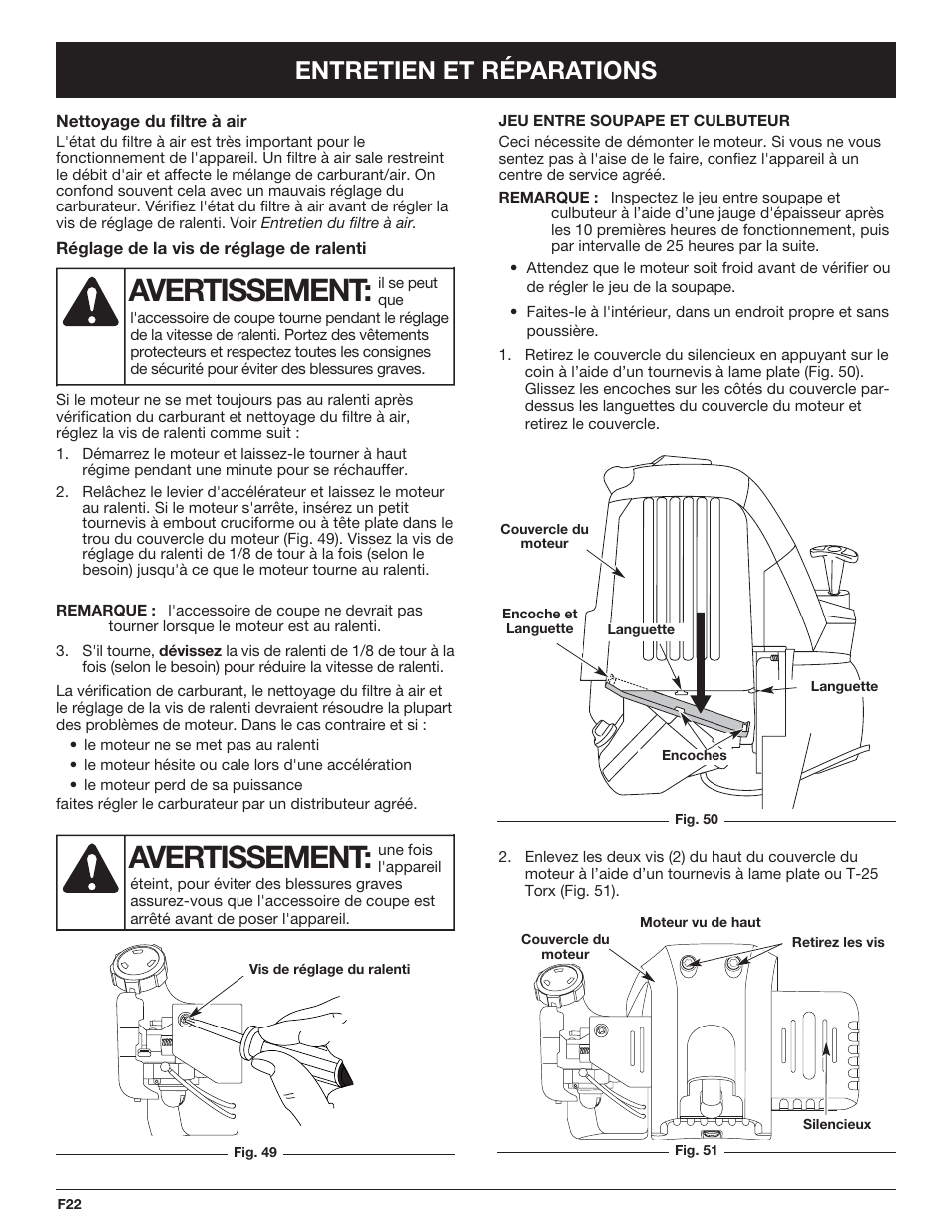 Avertissement, Entretien et réparations | Troy-Bilt TB490BC User Manual | Page 50 / 88