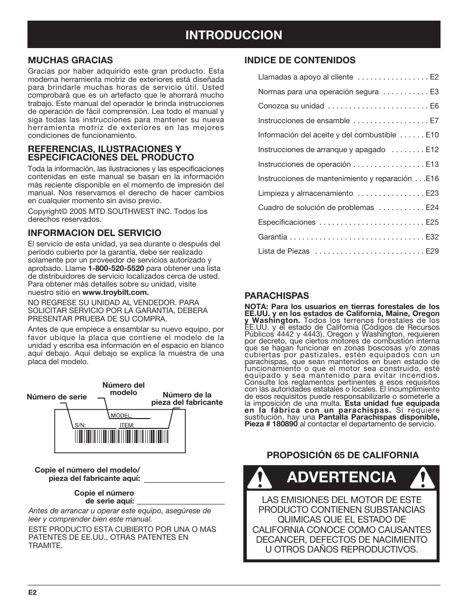 Advertencia, Introduccion | Troy-Bilt TB490BC User Manual | Page 58 / 88