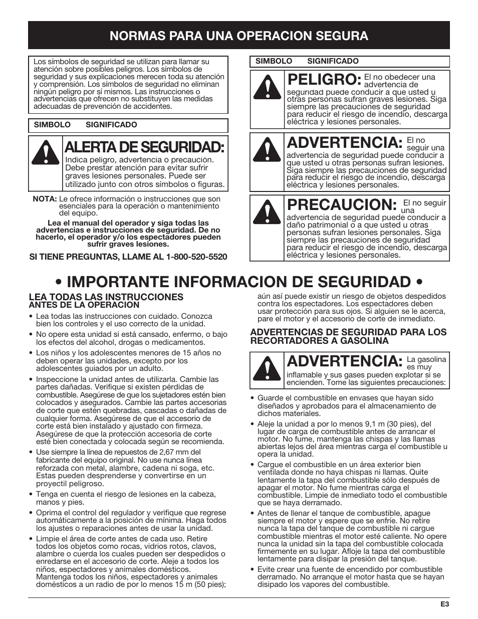 Advertencia, Peligro, Precaucion | Alerta de seguridad, Importante informacion de seguridad, Normas para una operacion segura | Troy-Bilt TB490BC User Manual | Page 59 / 88