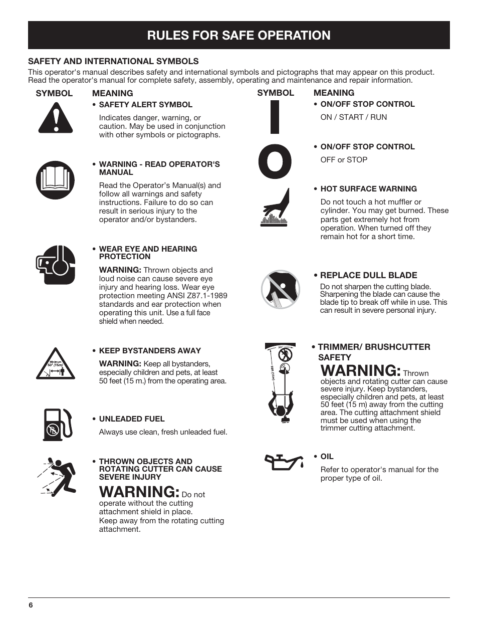 Warning, Rules for safe operation | Troy-Bilt TB490BC User Manual | Page 6 / 88