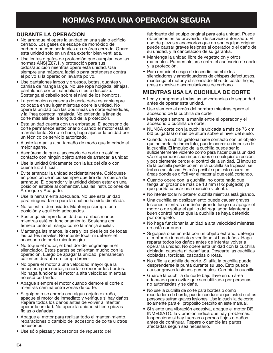 Normas para una operación segura | Troy-Bilt TB490BC User Manual | Page 60 / 88