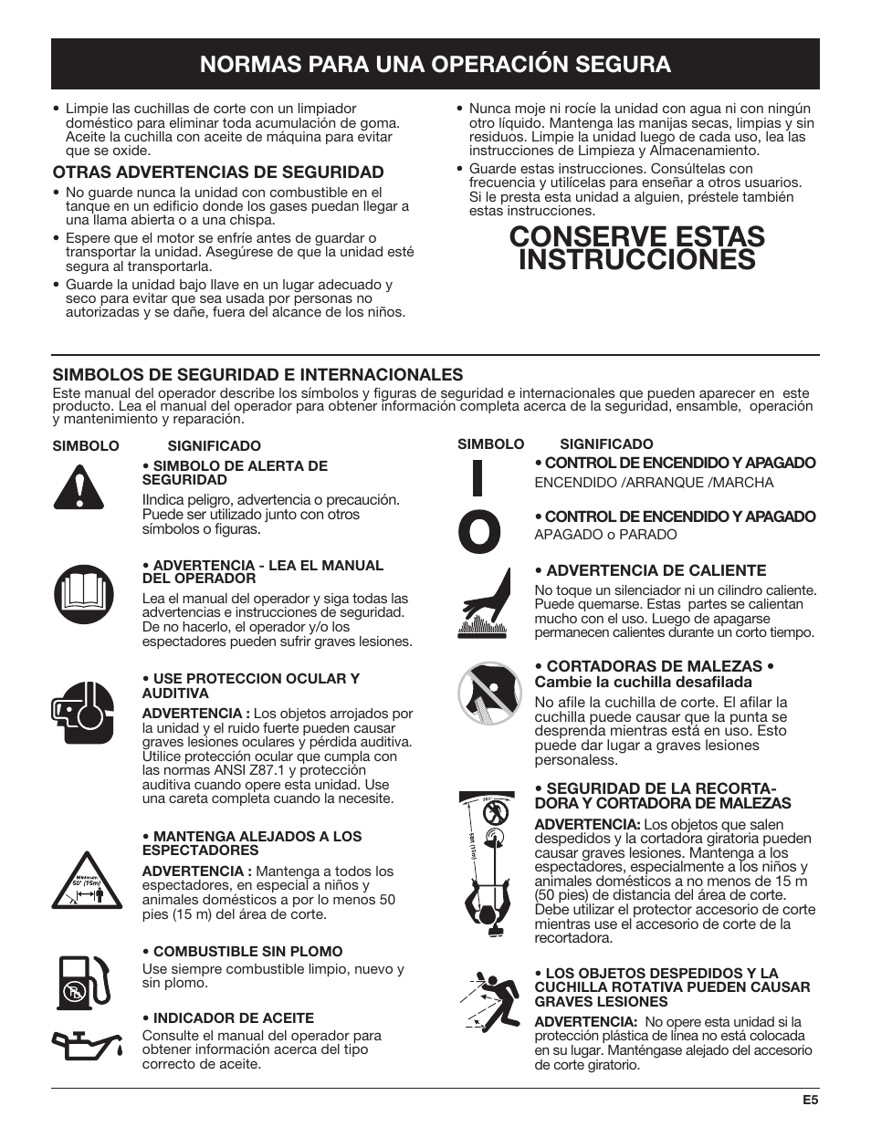 Conserve estas instrucciones, Normas para una operación segura | Troy-Bilt TB490BC User Manual | Page 61 / 88