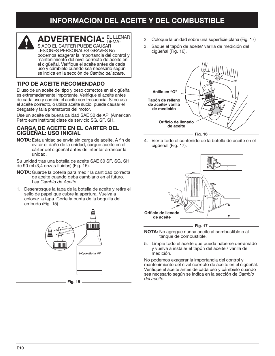 Advertencia, Informacion del aceite y del combustible | Troy-Bilt TB490BC User Manual | Page 66 / 88