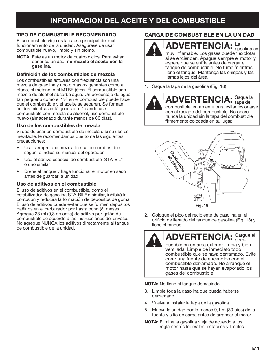 Advertencia, Informacion del aceite y del combustible | Troy-Bilt TB490BC User Manual | Page 67 / 88