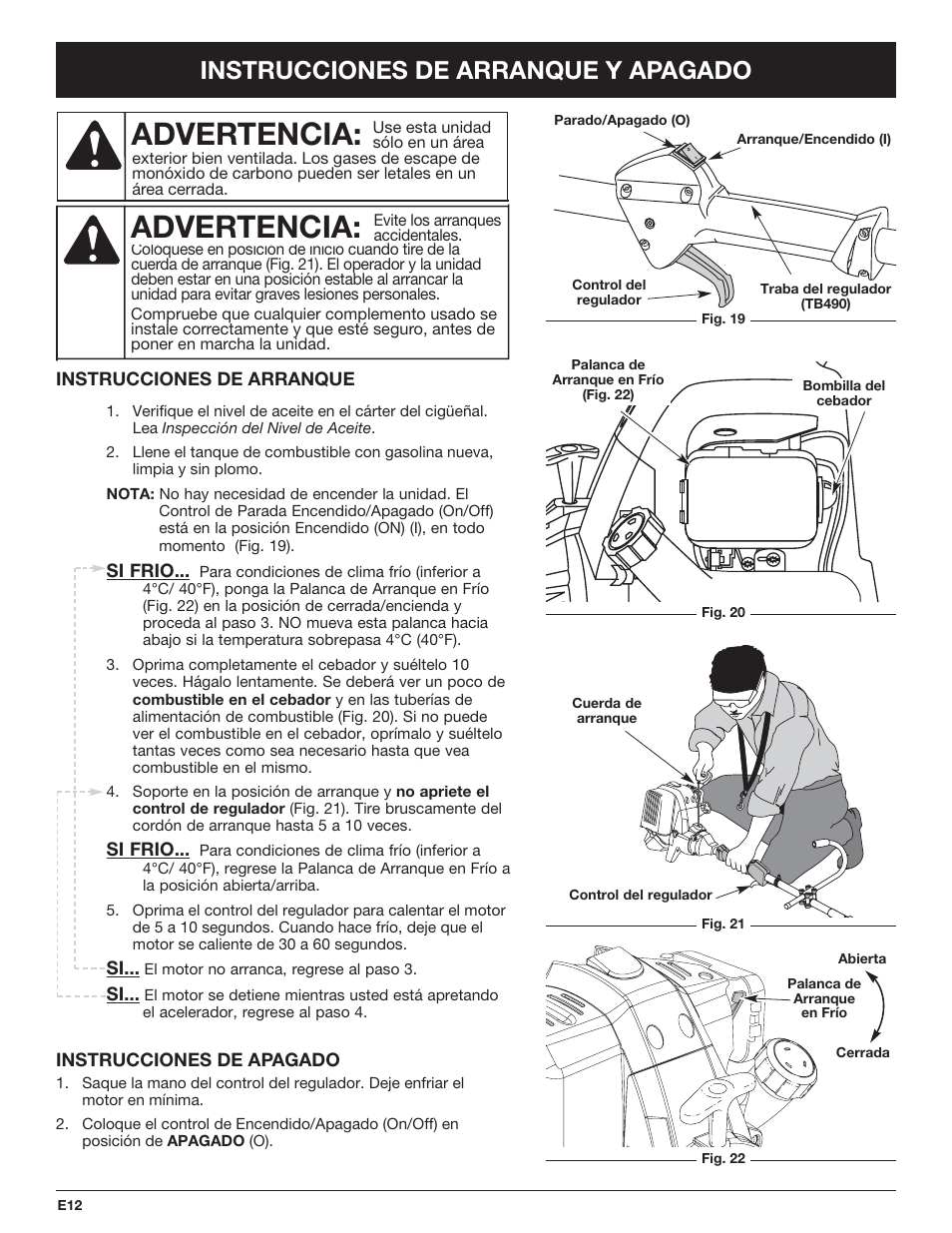 Advertencia, Instrucciones de arranque y apagado | Troy-Bilt TB490BC User Manual | Page 68 / 88
