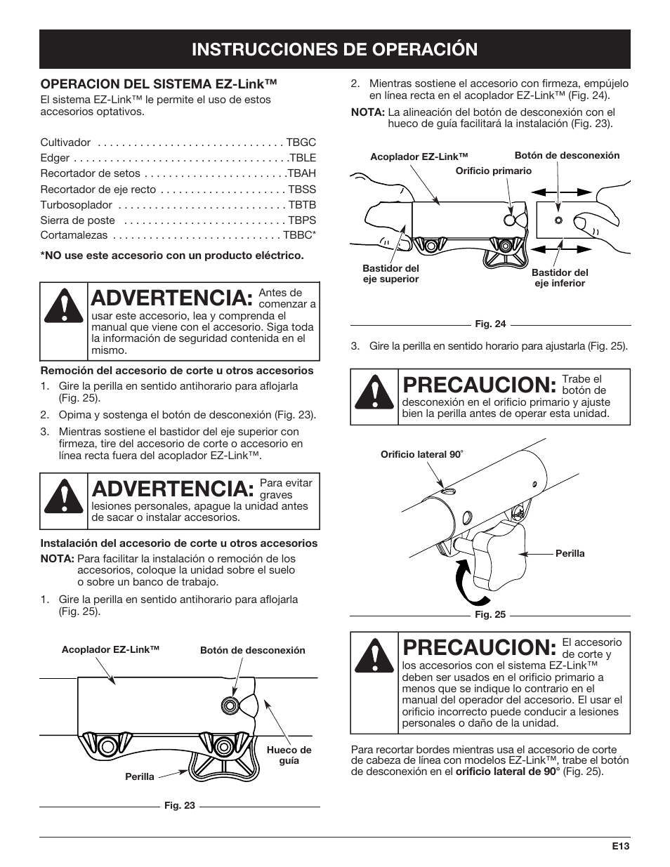 Precaucion, Advertencia, Instrucciones de operación | Troy-Bilt TB490BC User Manual | Page 69 / 88