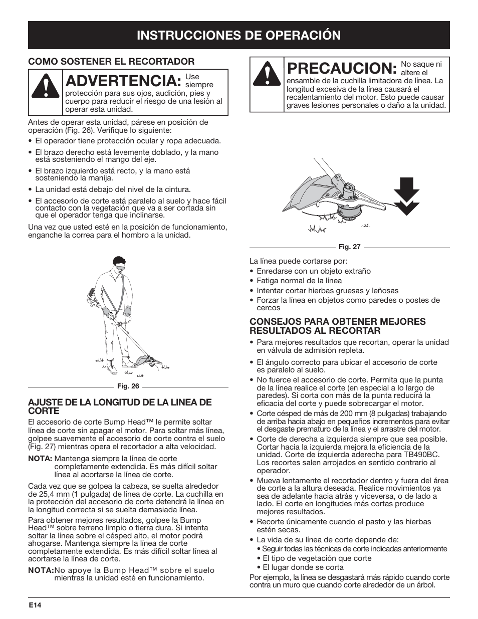 Precaucion, Advertencia, Instrucciones de operación | Troy-Bilt TB490BC User Manual | Page 70 / 88