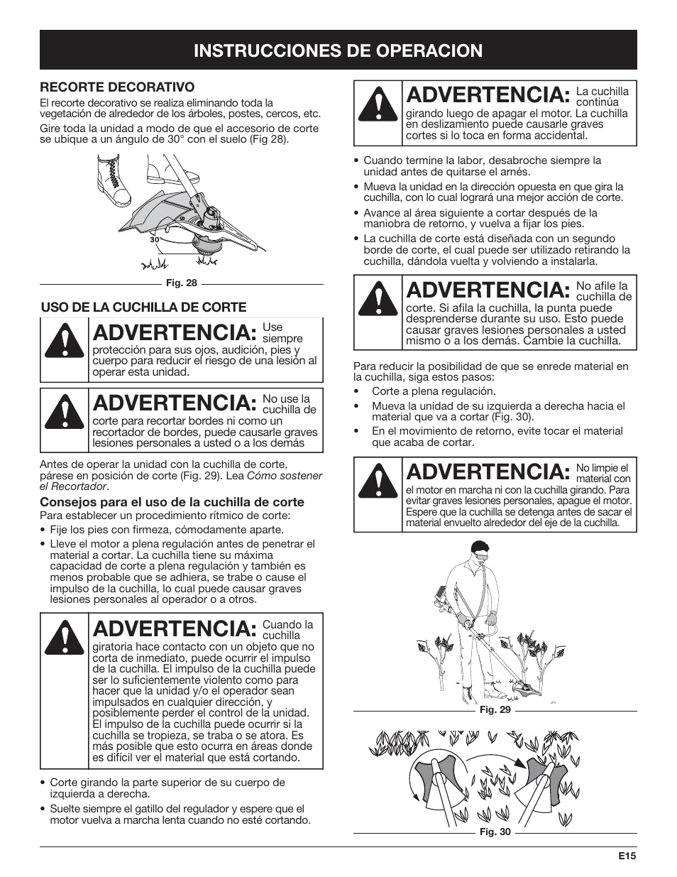 Advertencia, Instrucciones de operacion | Troy-Bilt TB490BC User Manual | Page 71 / 88