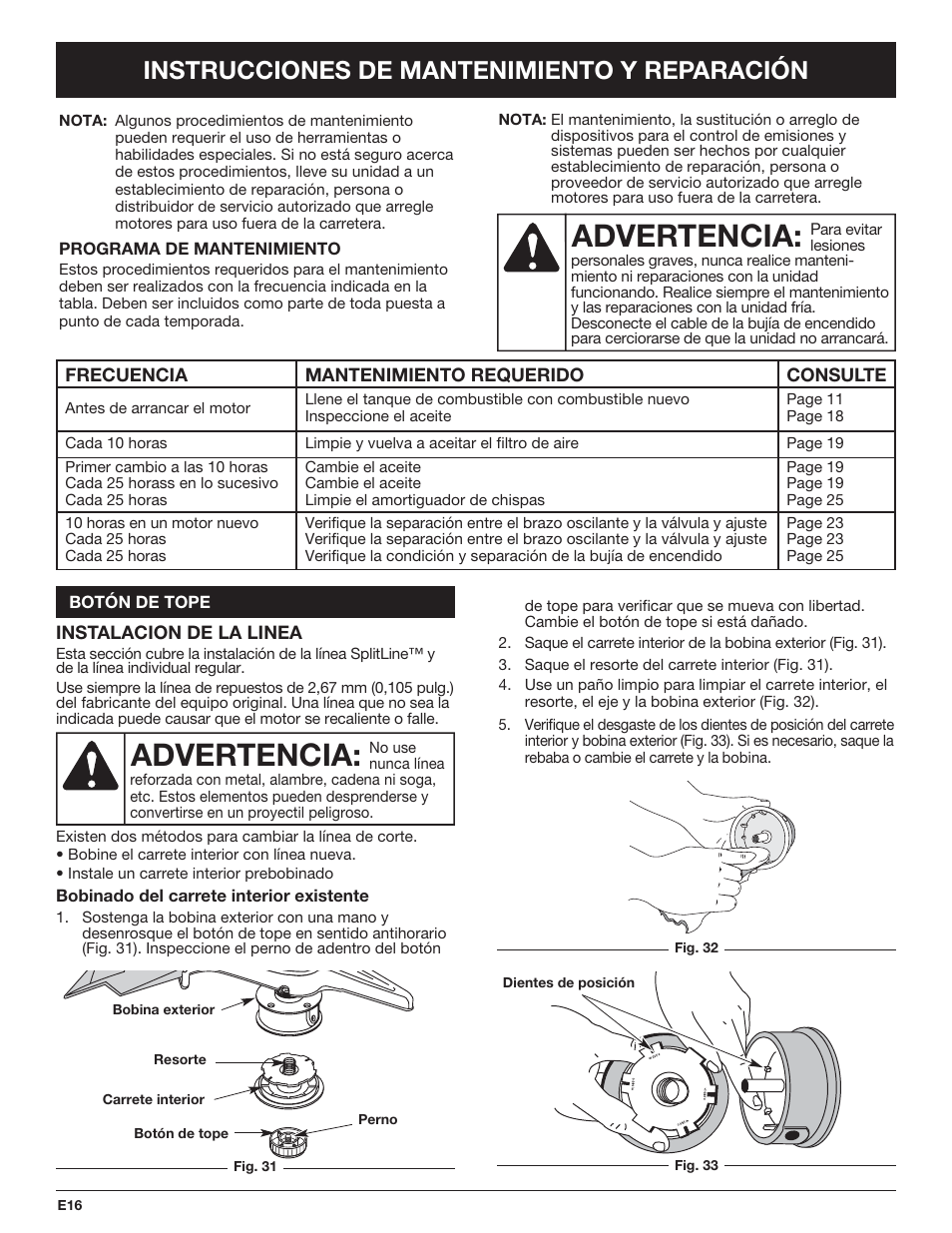 Advertencia, Instrucciones de mantenimiento y reparación | Troy-Bilt TB490BC User Manual | Page 72 / 88