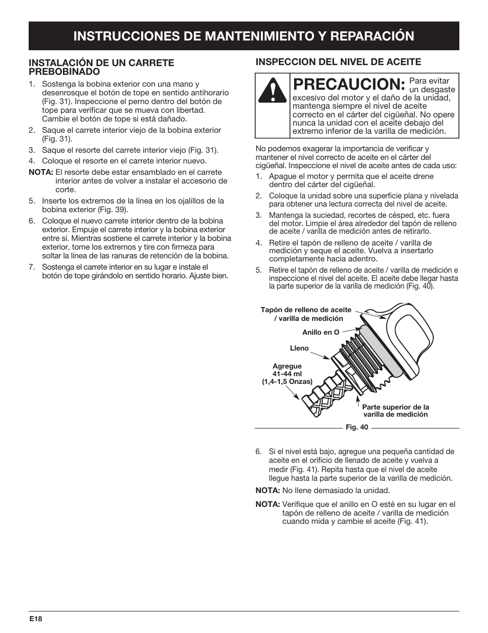 Precaucion, Instrucciones de mantenimiento y reparación | Troy-Bilt TB490BC User Manual | Page 74 / 88