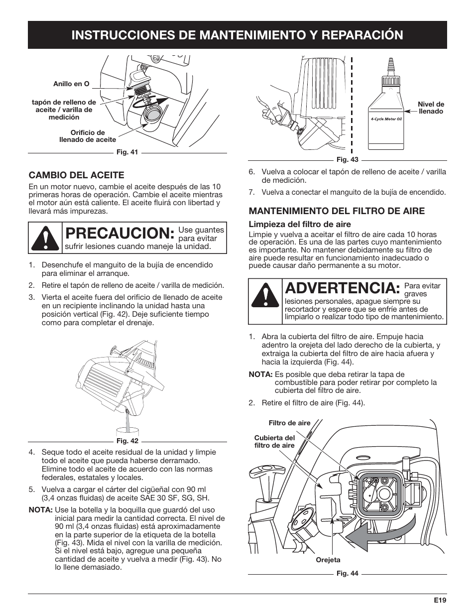 Precaucion, Advertencia, Instrucciones de mantenimiento y reparación | Troy-Bilt TB490BC User Manual | Page 75 / 88