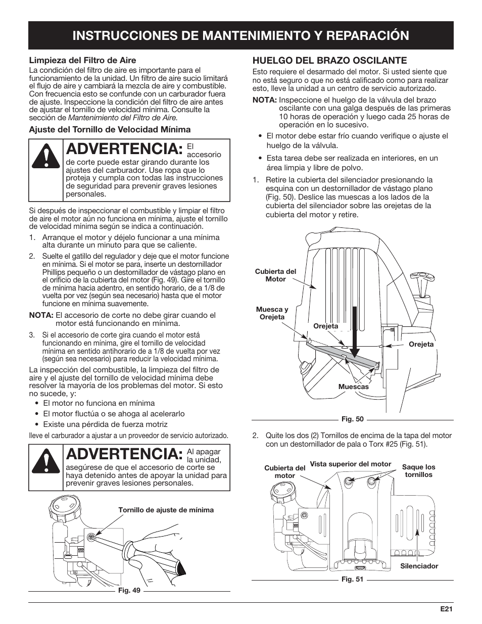 Advertencia, Instrucciones de mantenimiento y reparación | Troy-Bilt TB490BC User Manual | Page 77 / 88