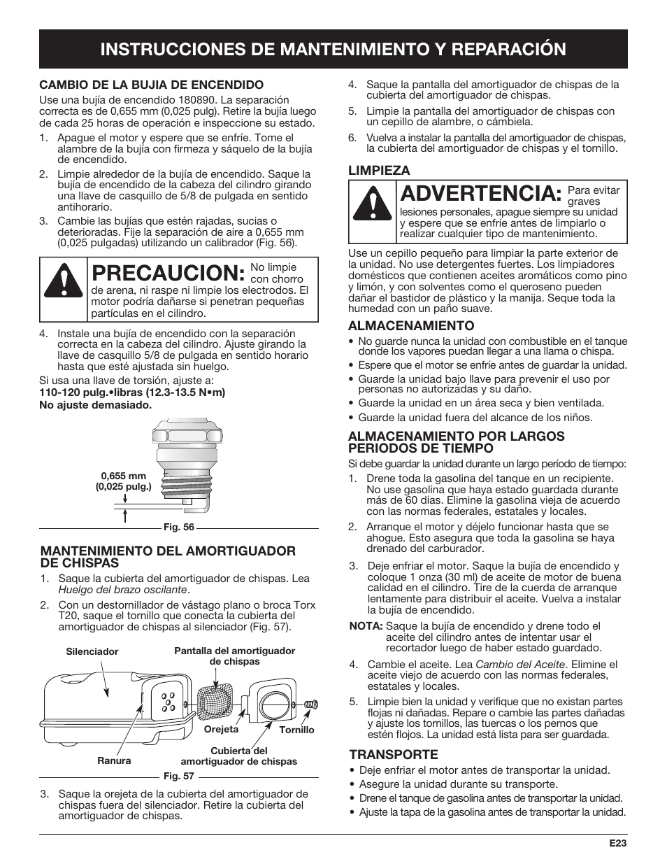 Advertencia, Precaucion, Instrucciones de mantenimiento y reparación | Troy-Bilt TB490BC User Manual | Page 79 / 88