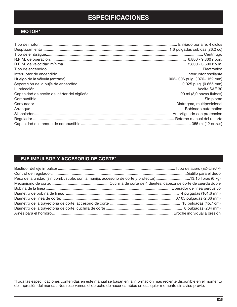 Especificaciones | Troy-Bilt TB490BC User Manual | Page 81 / 88