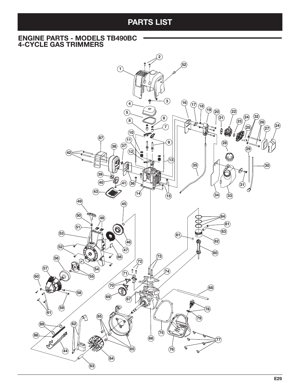 Parts list, Engine parts - models tb490bc 4-cycle gas trimmers | Troy-Bilt TB490BC User Manual | Page 85 / 88