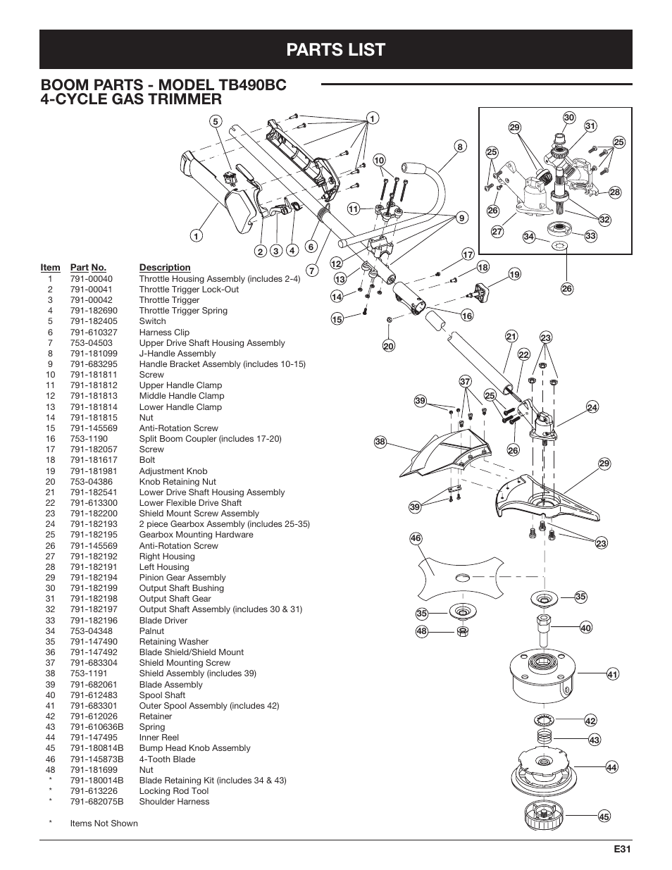 Parts list, Boom parts - model tb490bc 4-cycle gas trimmer | Troy-Bilt TB490BC User Manual | Page 87 / 88
