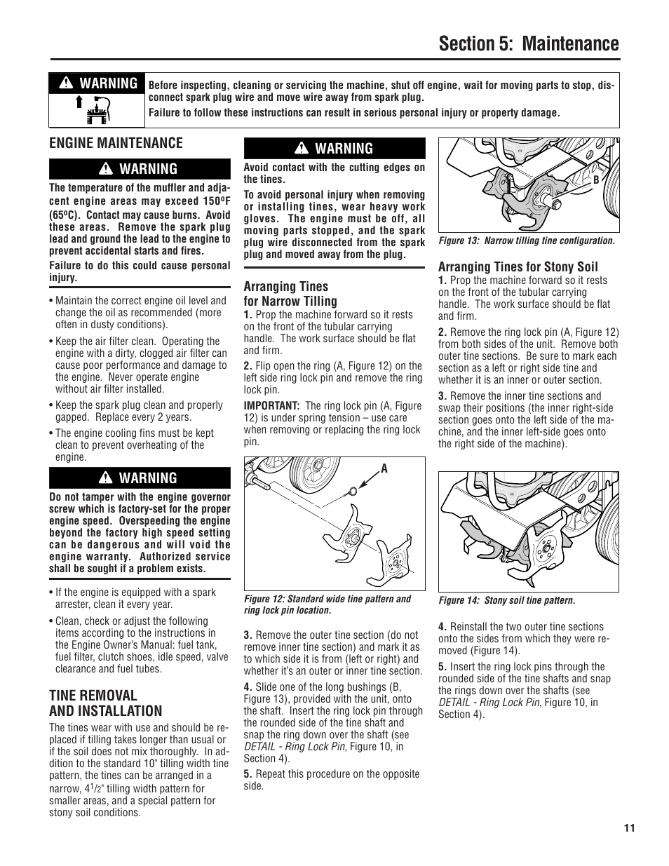 Engine maintenance, Tine removal and installation, Warning | Troy-Bilt 148H User Manual | Page 11 / 16