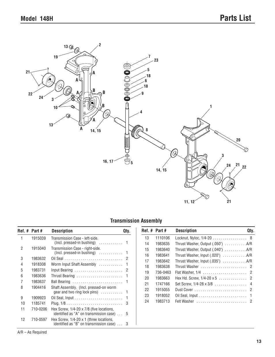 Parts list, Model 148h, Transmission assembly | Troy-Bilt 148H User Manual | Page 13 / 16
